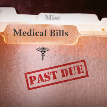A file folder labeled Medical Bills displays a red PAST DUE stamp, with other labeled tabs like Overdue and Misc visible in the background.