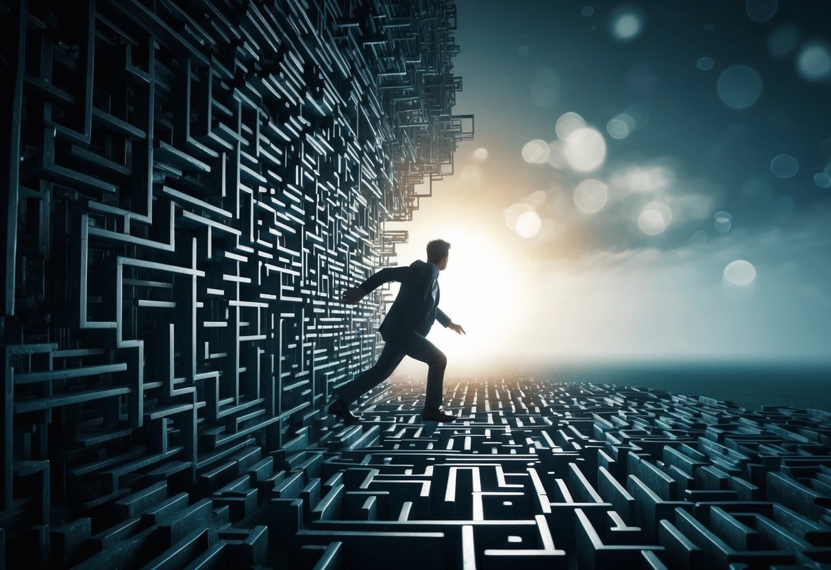A person trapped in a dark, tangled maze, with a clear path leading to a bright, open expanse just beyond reach