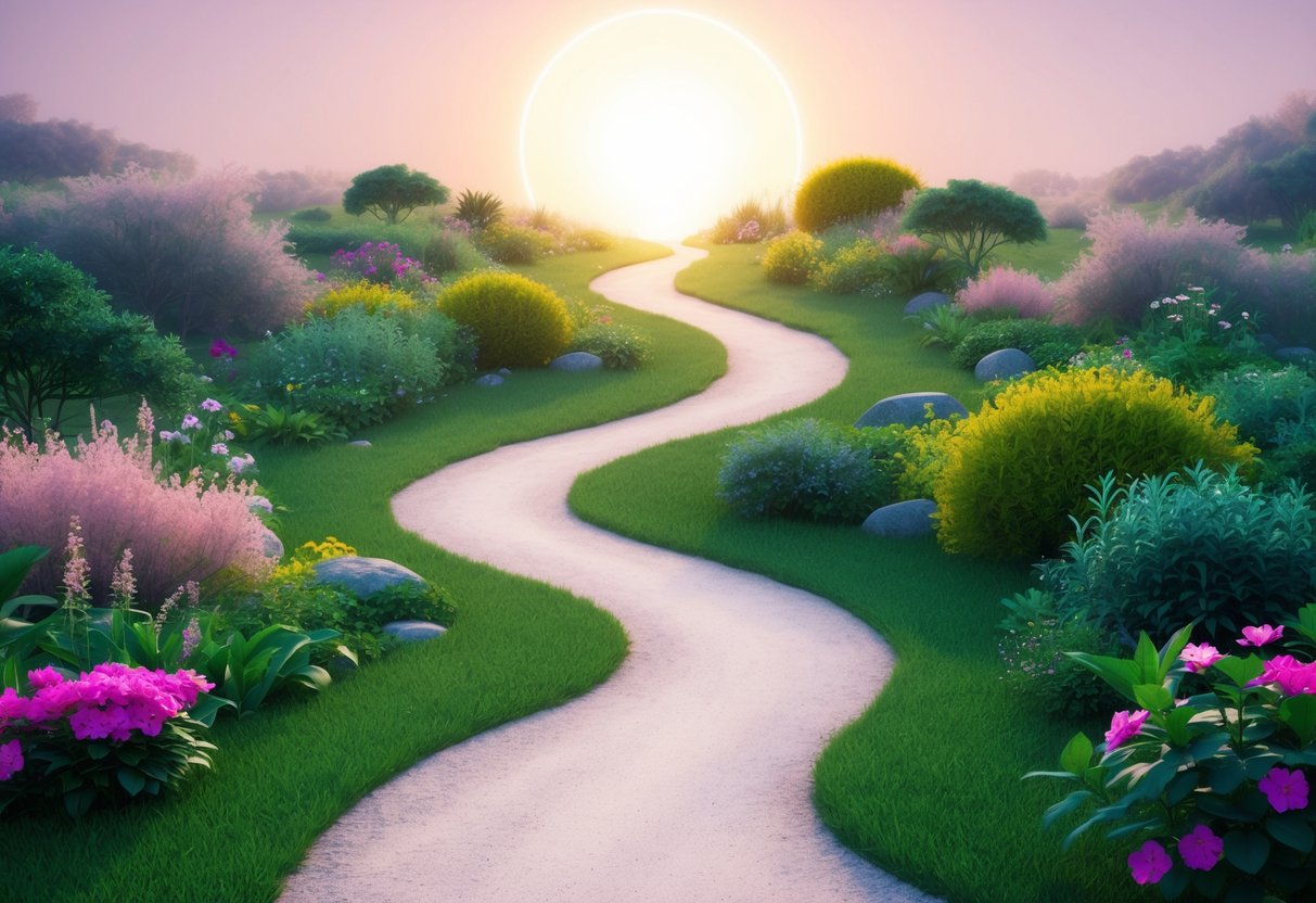 A serene landscape with a winding path leading to a glowing, ethereal light at the end, surrounded by lush, vibrant vegetation and blooming flowers