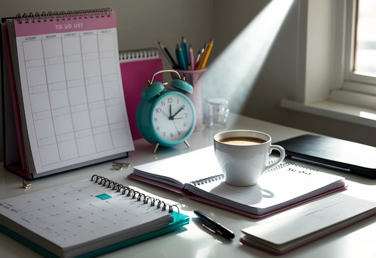 A cluttered desk with a calendar, clock, and to-do list. A beam of light shines on a planner and a cup of coffee