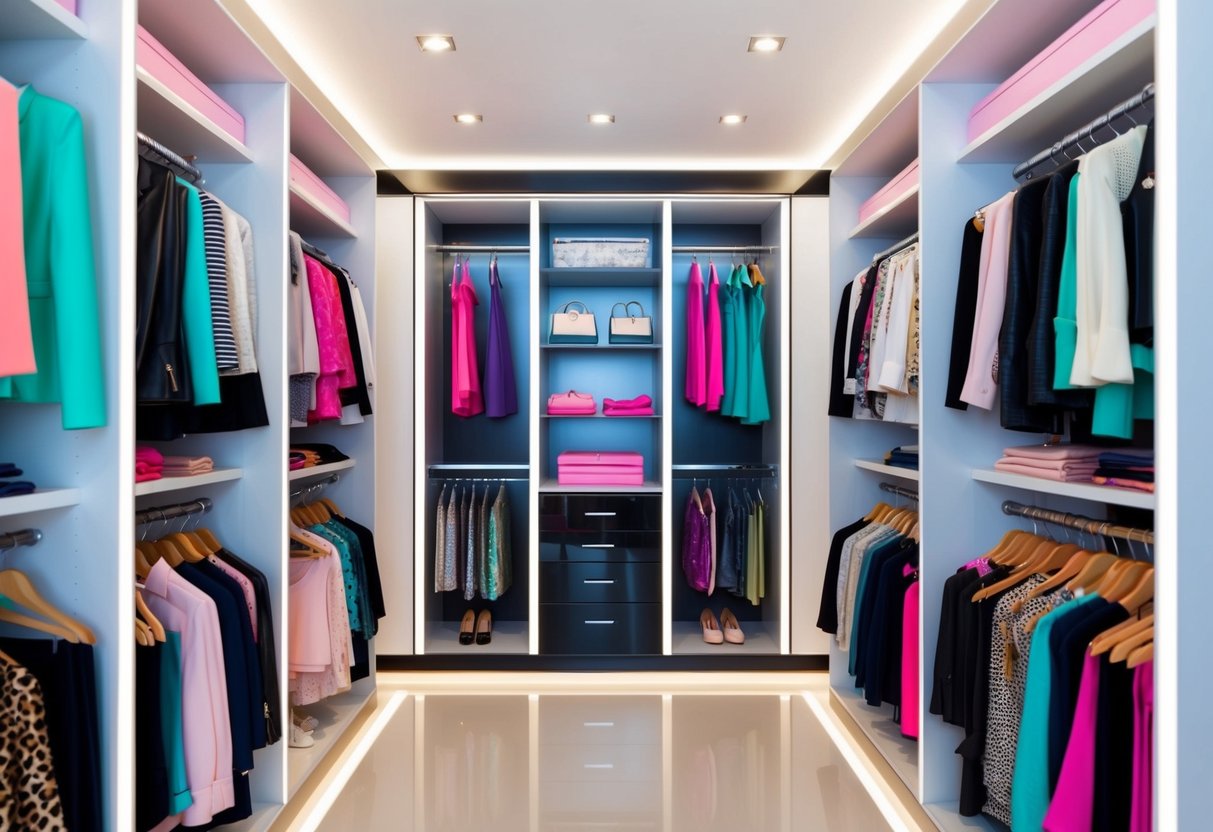 A sleek, modern closet filled with stylish, vibrant clothing and accessories. Bright lights and clean lines create a sophisticated, upscale atmosphere