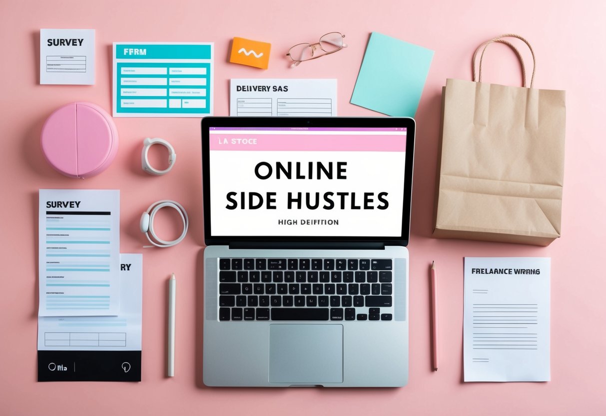 A laptop surrounded by various items representing different online side hustles, such as a survey form, delivery bag, and freelance writing samples