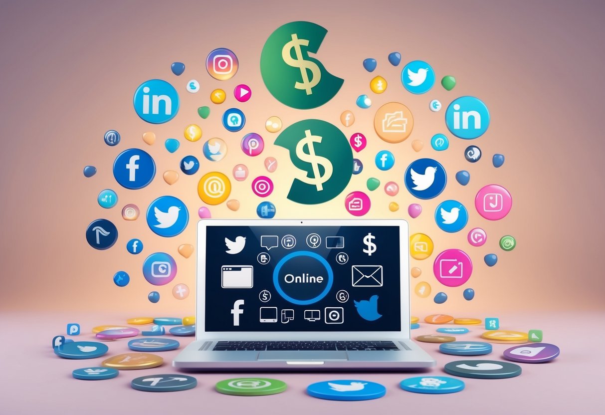 A laptop surrounded by various social media icons and symbols, with dollar signs floating above, representing the potential for profit online