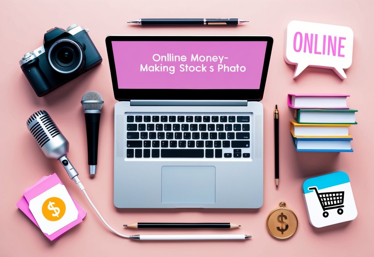 A laptop surrounded by various objects representing different online money-making methods, such as a camera, a stack of books, a microphone, and a shopping cart icon